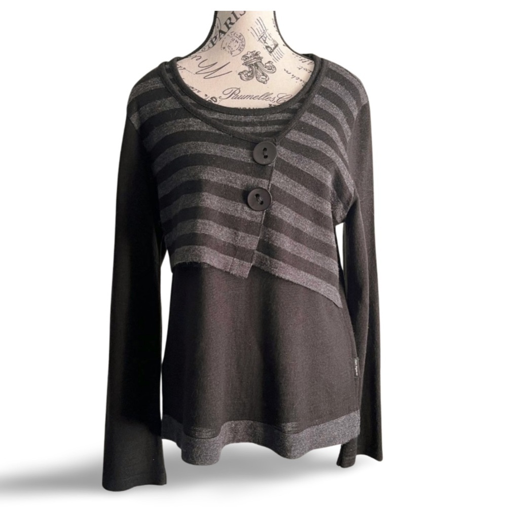 Y2K Côte Anglaise Grey Wool Knit Top Asymmetrical Stripes Grunge Size Medium